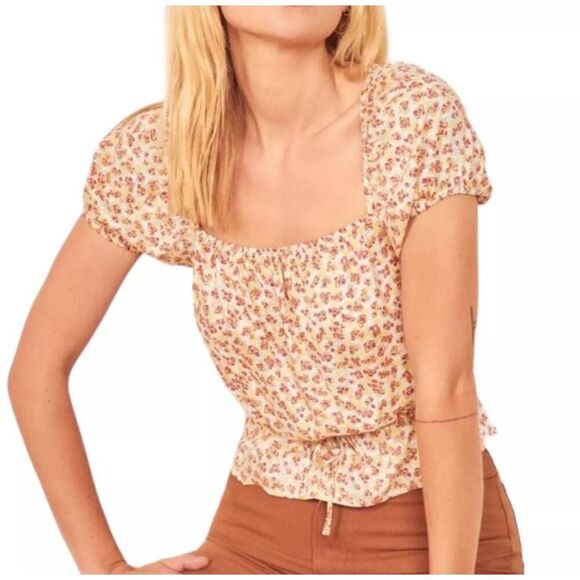 Reformation Lenny Top Carnation Ditsy Floral Square Neck Cinch Waist Blouse XS - Picture 3 of 13